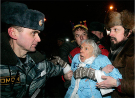 Lyudmila Alexeyeva detained by police in Moscow on December 31, 2009. Source: REUTERS